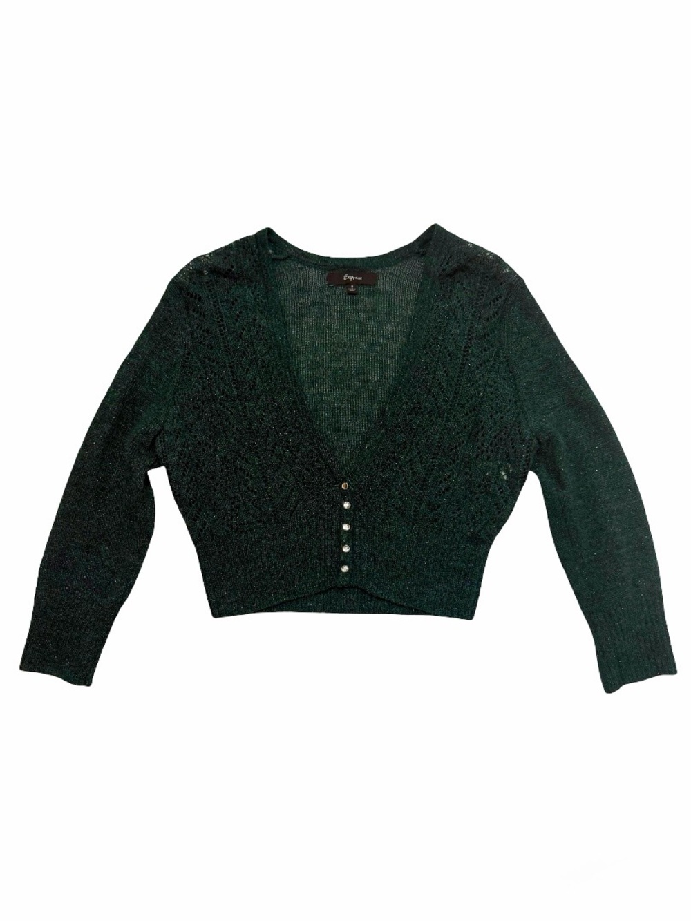 Express Dark Green Button-Front Cropped V-Neck Cardigan - Picture 5 of 8